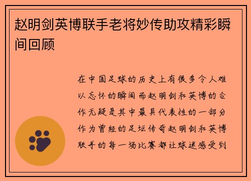 赵明剑英博联手老将妙传助攻精彩瞬间回顾
